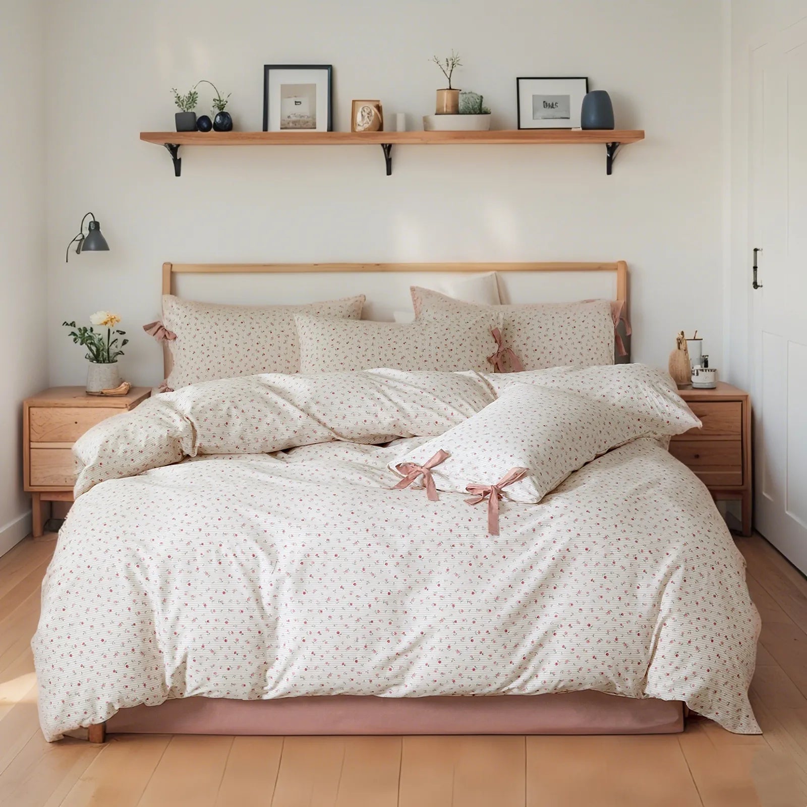 Delicate Blossom Fresh Floral 100% Cotton Bow Tie Duvet Cover Set