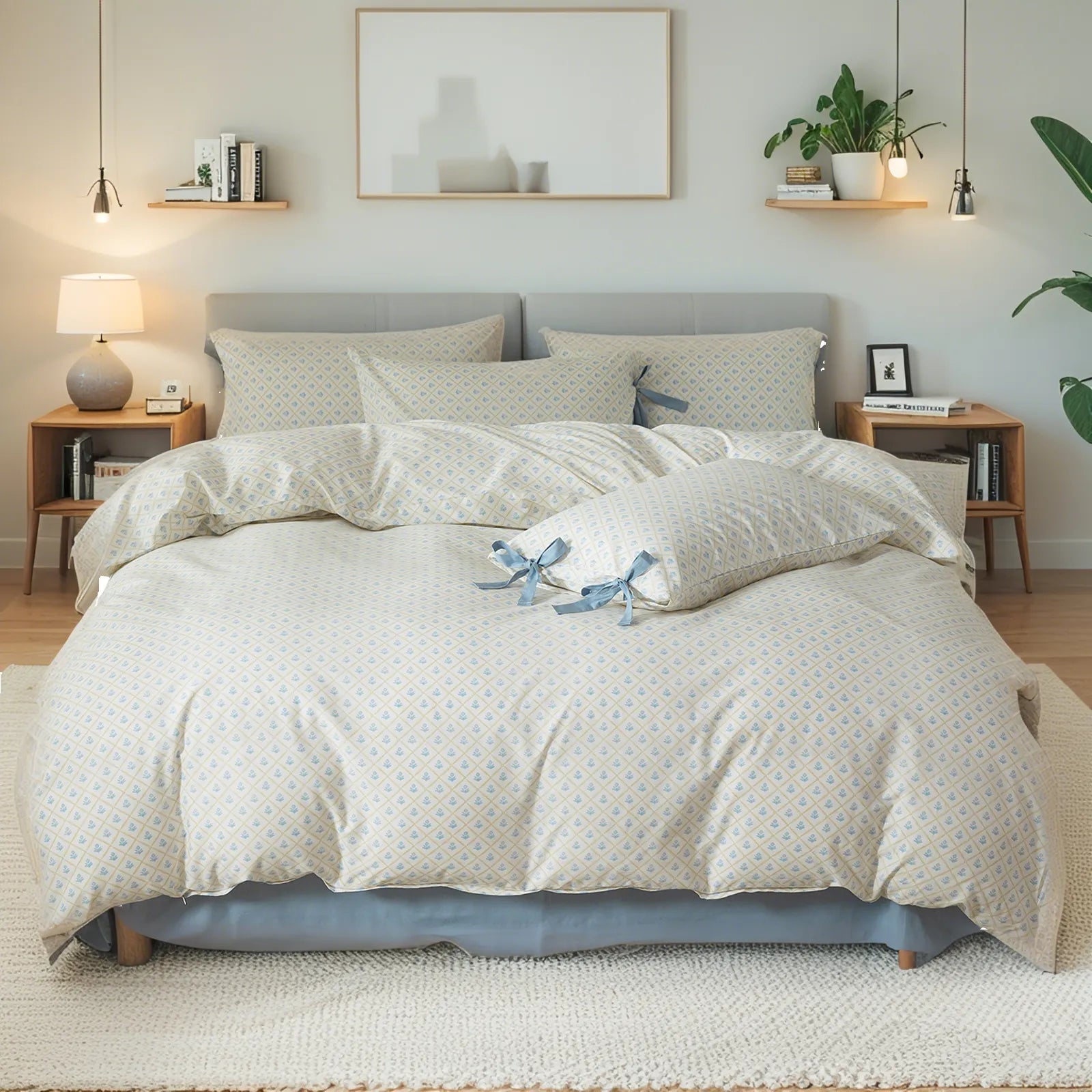 Gentle Geo Floral Soft 100% Cotton Bow Tie Duvet Cover Set