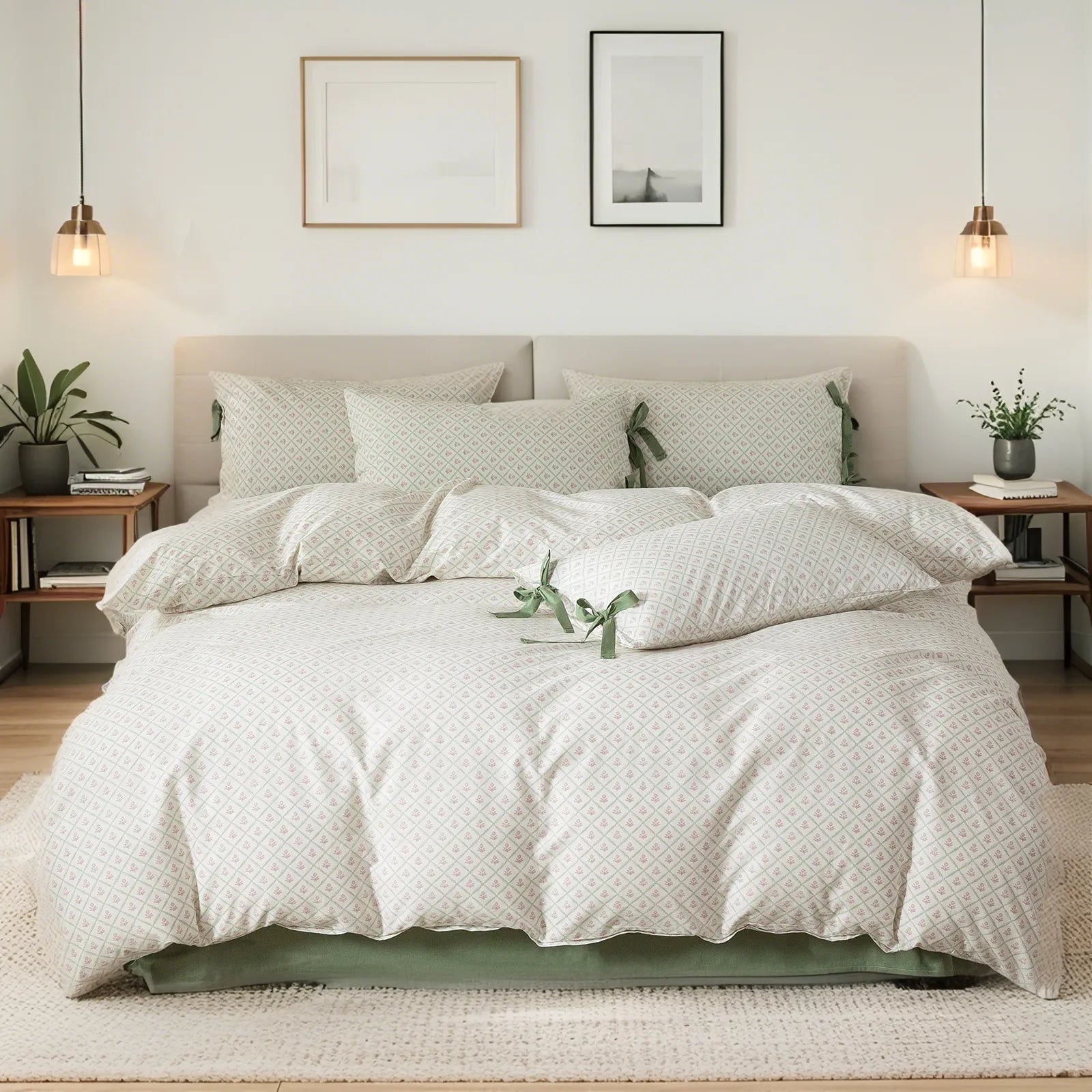 Pastel Geo Floral Soft 100% Cotton Bow Tie Duvet Cover Set