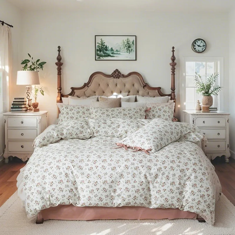 Romantic Rose Blush Pink 100% Cotton Bow Tie Duvet Cover Set