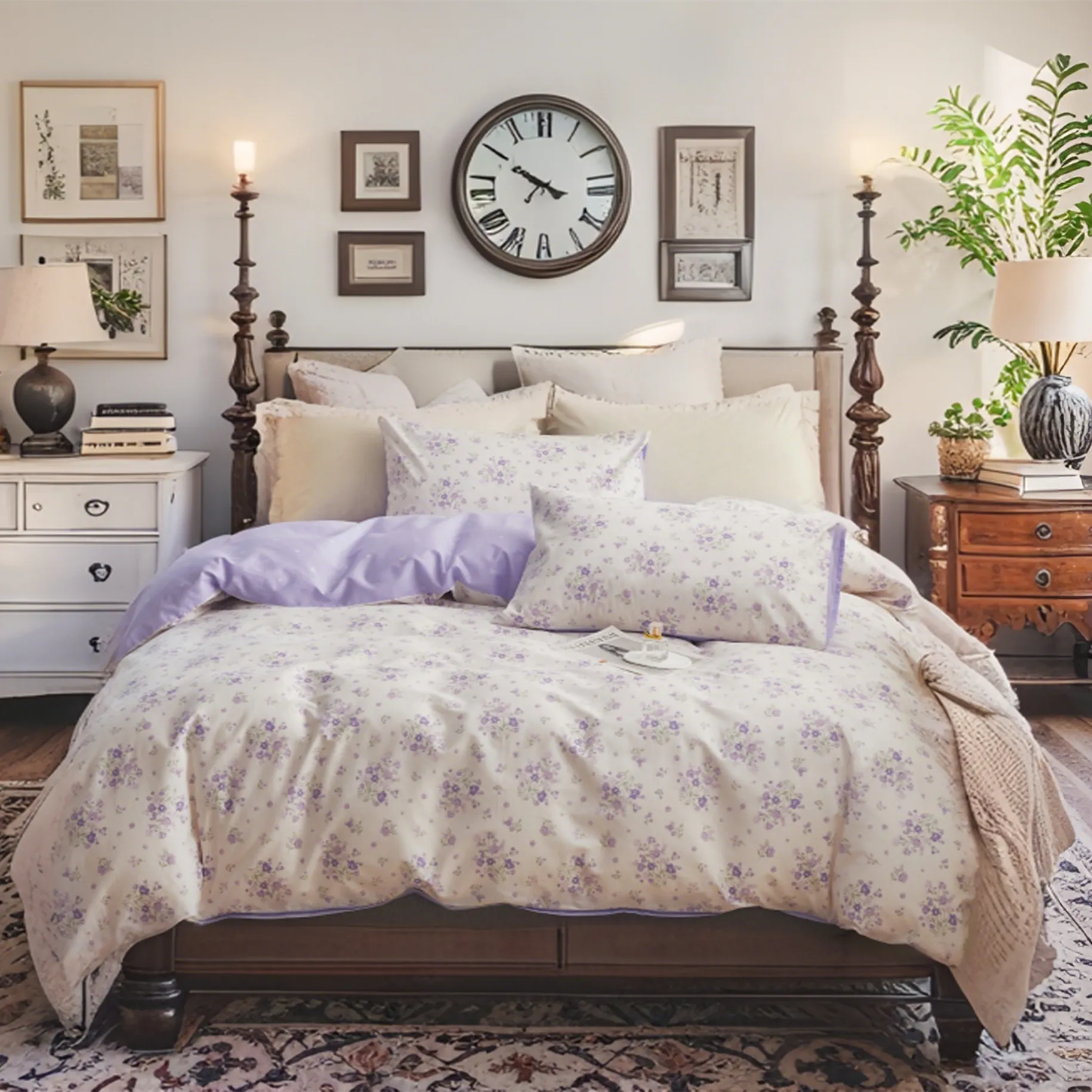 Airy Lilac Breathable Floral 100% Cotton Duvet Cover Set
