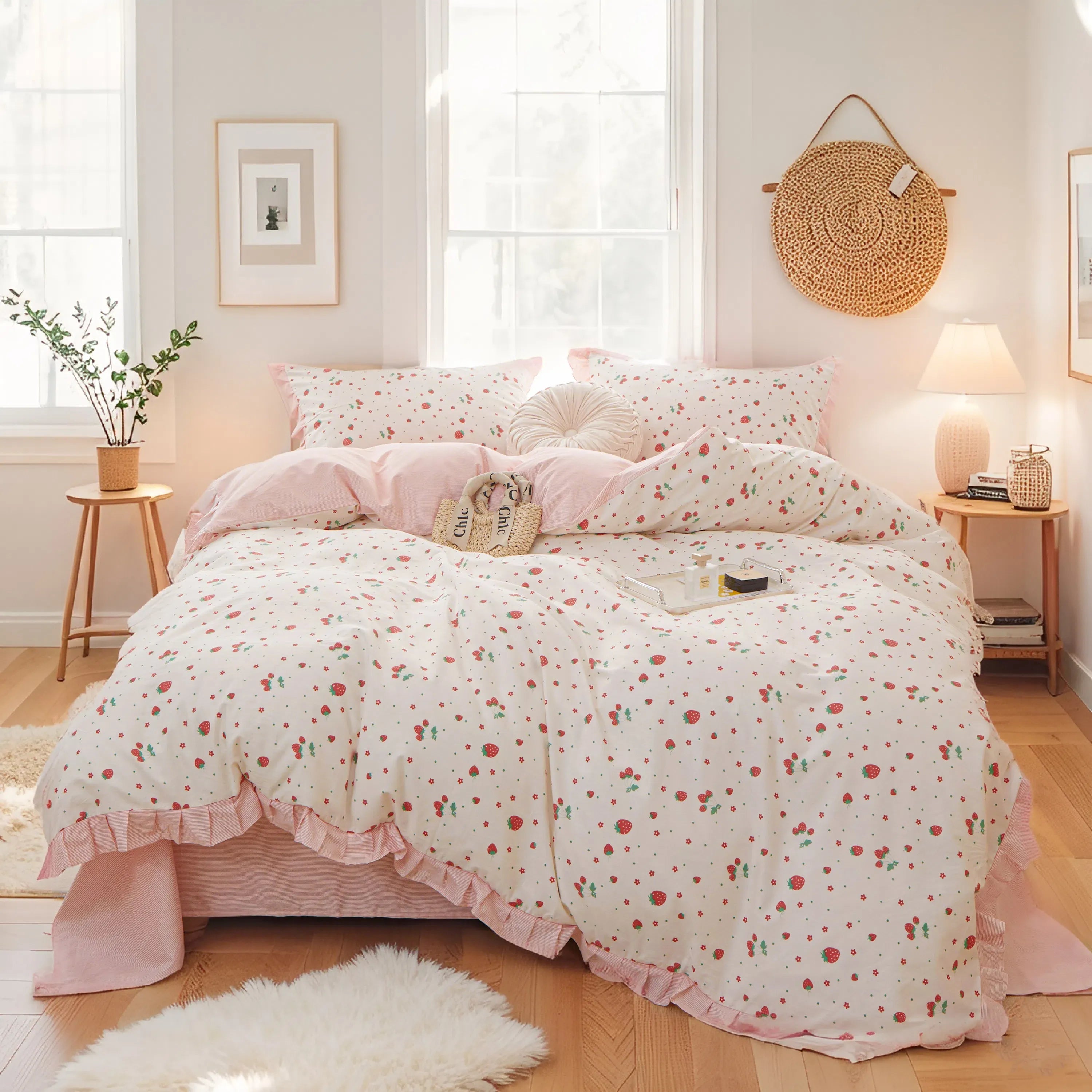 Adorable Strawberry 100% Cotton 3 Pieces Duvet Cover Set
