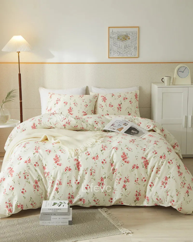 Blush Petals Soft Vintage Floral 100% Cotton Duvet Cover Set