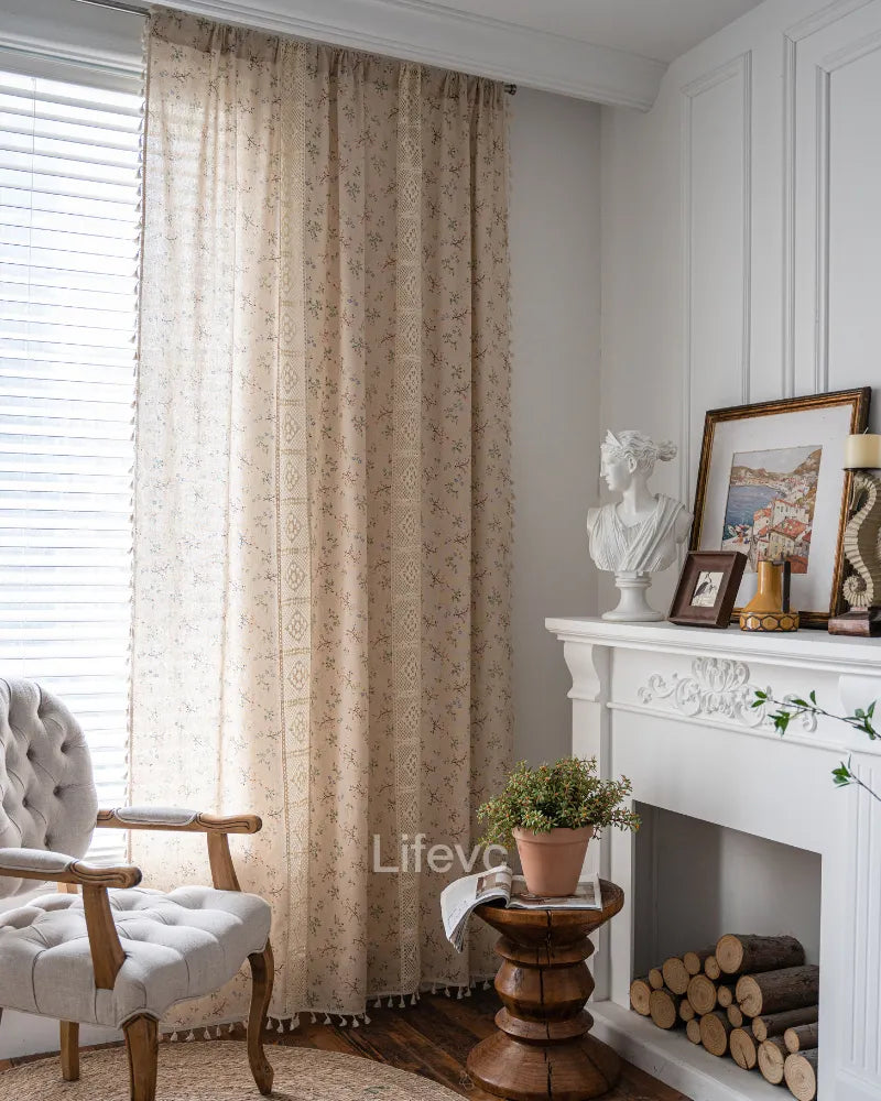 Charming Lace Cutout Faux Linen Texture Floral Sheer Curtains, image size:800x1000