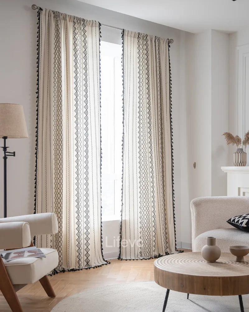 Diamond Pattern Bohemian Tassel Design Sheer Curtains Geometric