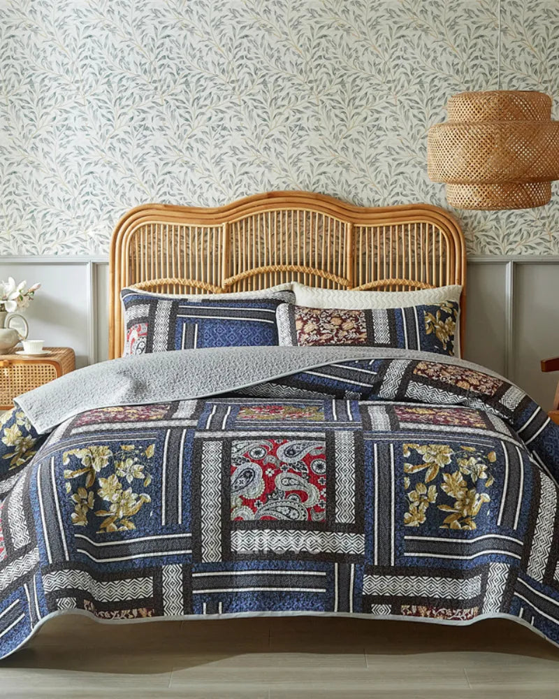 Floral Stripes Garden Style Blue Quilt Set