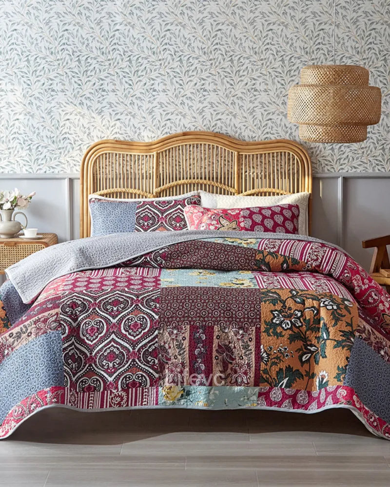 Floral Stripes Garden Style Dark Red Quilt Set