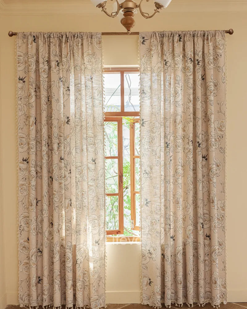 Hand-Painted Rose Lightweight Floral Sheer Curtains