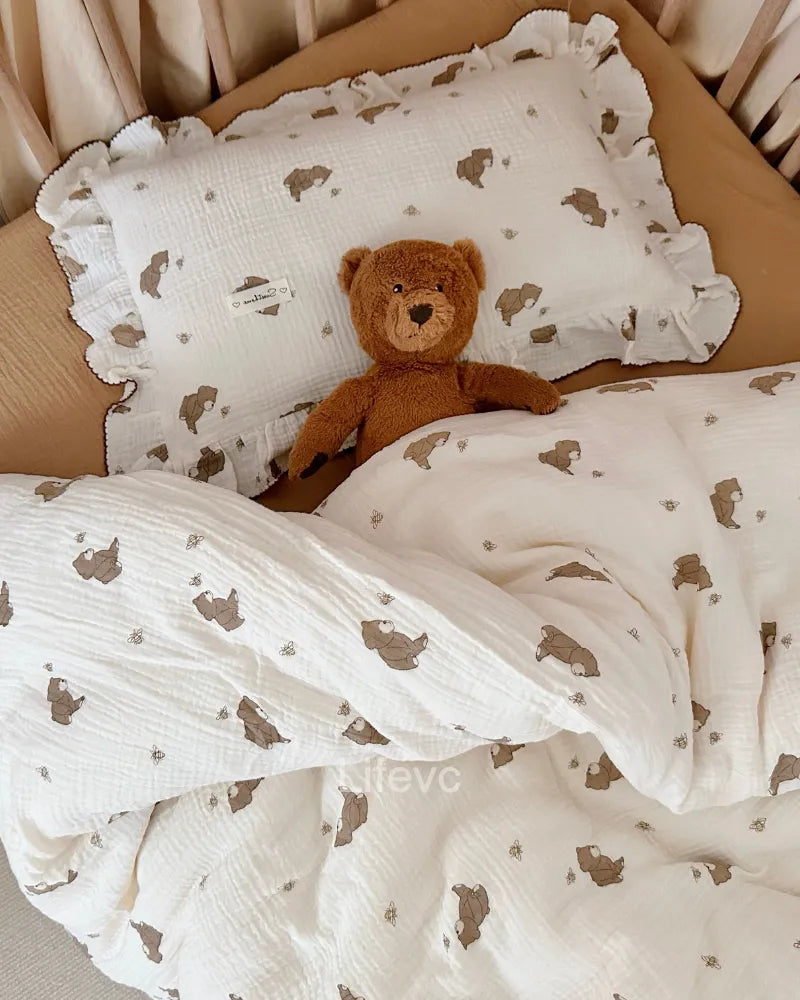 Honey Bear Dreams Soft Ruffled 100% Cotton Muslin Baby Pillowcase