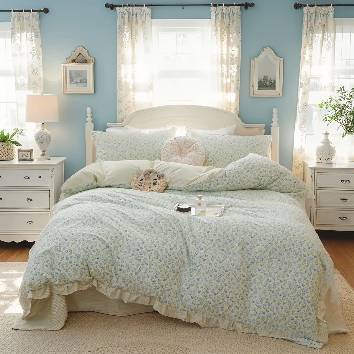 Delicate Petal Ruffled Floral 100% Cotton Duvet Cover Set