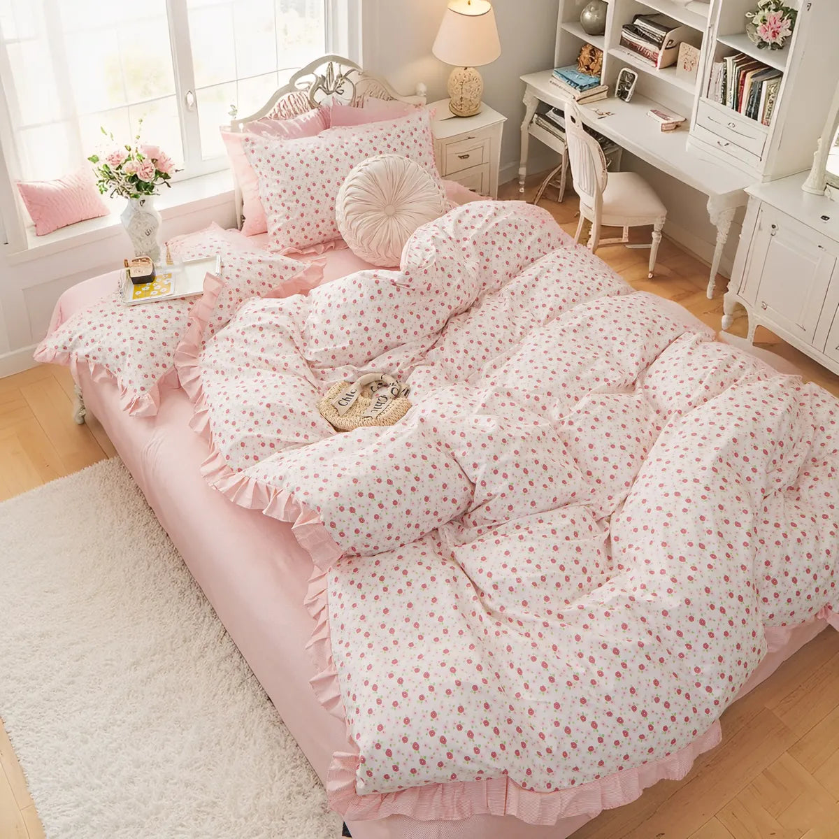 Lovable Bunny Cute Pink Ruffled 100% Cotton Duvet Cover Set