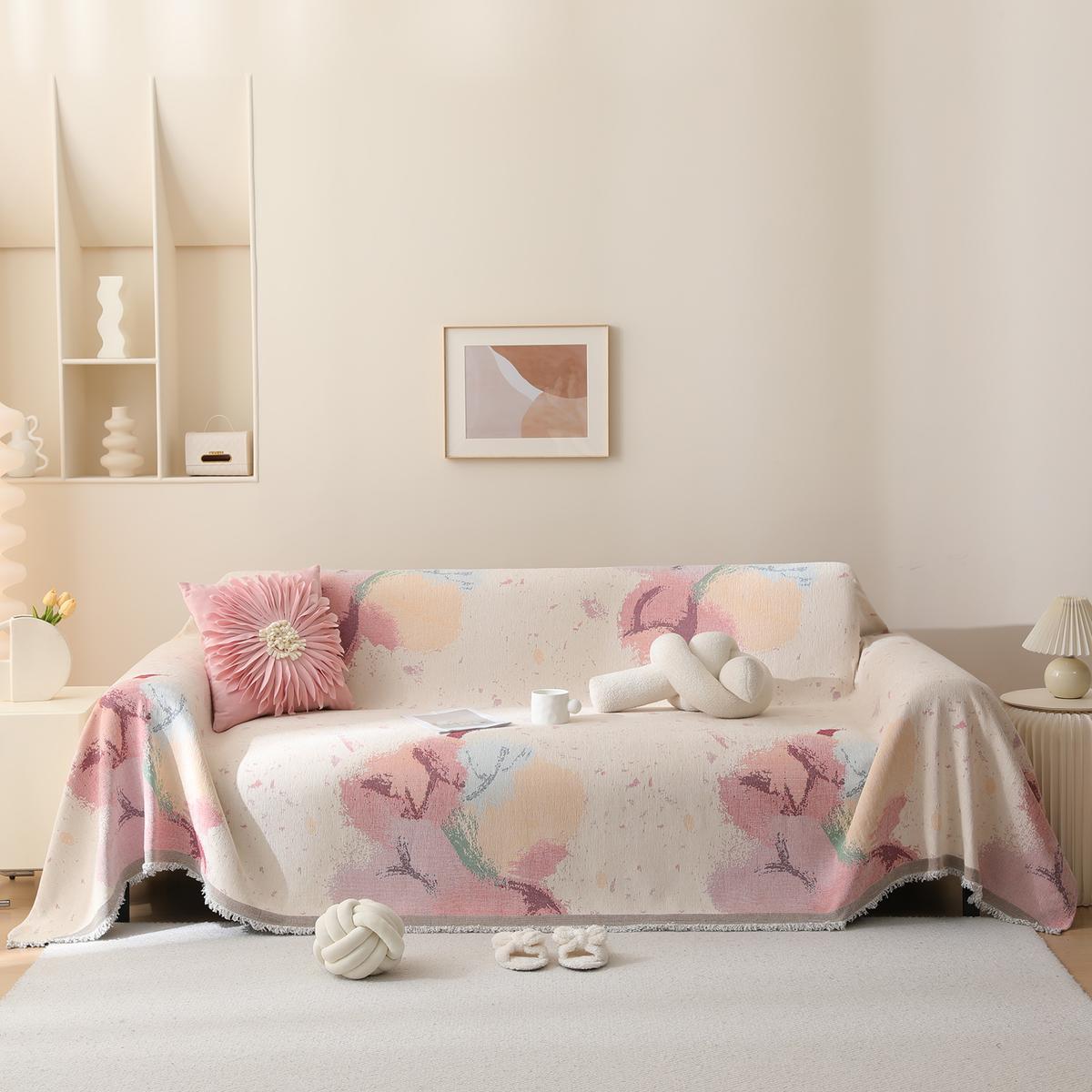 Poetic Charm Artistic Style Light Pink and Yellow Chenille Sofa Slipcover