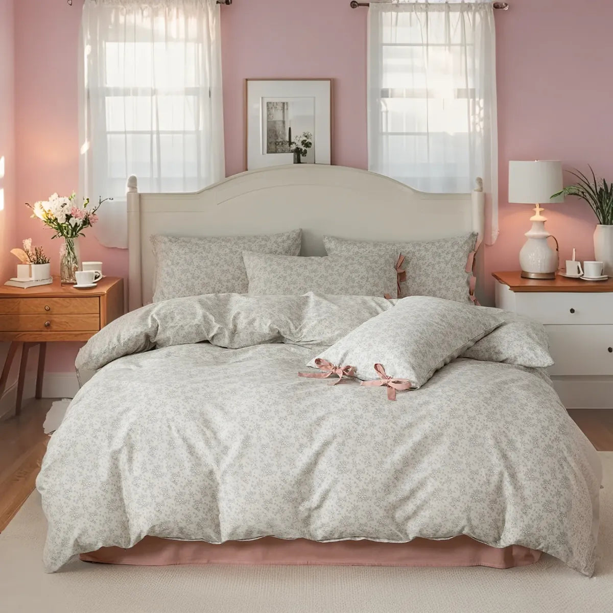 Graceful Blush Elegant Floral 100% Cotton Bow Tie Duvet Cover Set