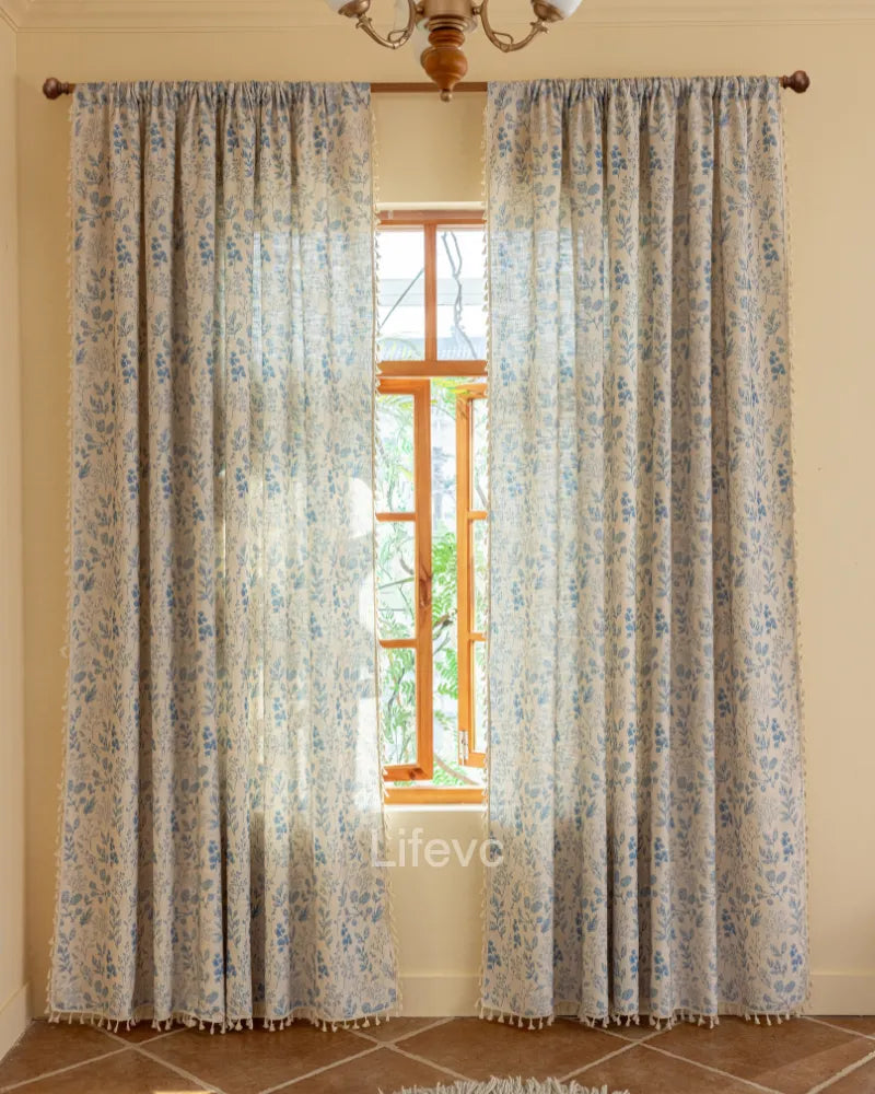 LC Blue Flower Drapes Dust & Light Protection Curtains