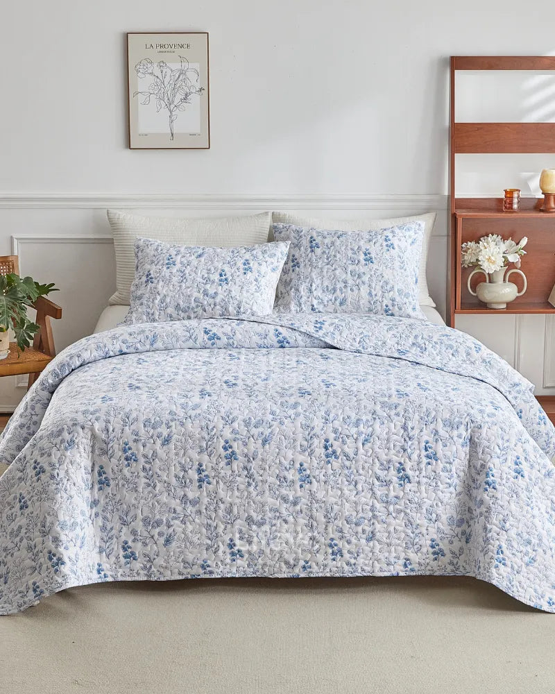 LC Floral Quilt Set Blue Botanical Flower Quilted Bedding Coverlets