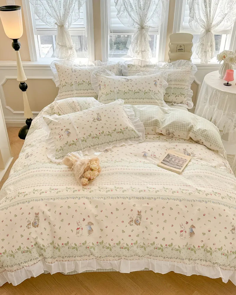 Minty Breeze Floral Ruffled Vintage Chic Comforter Set
