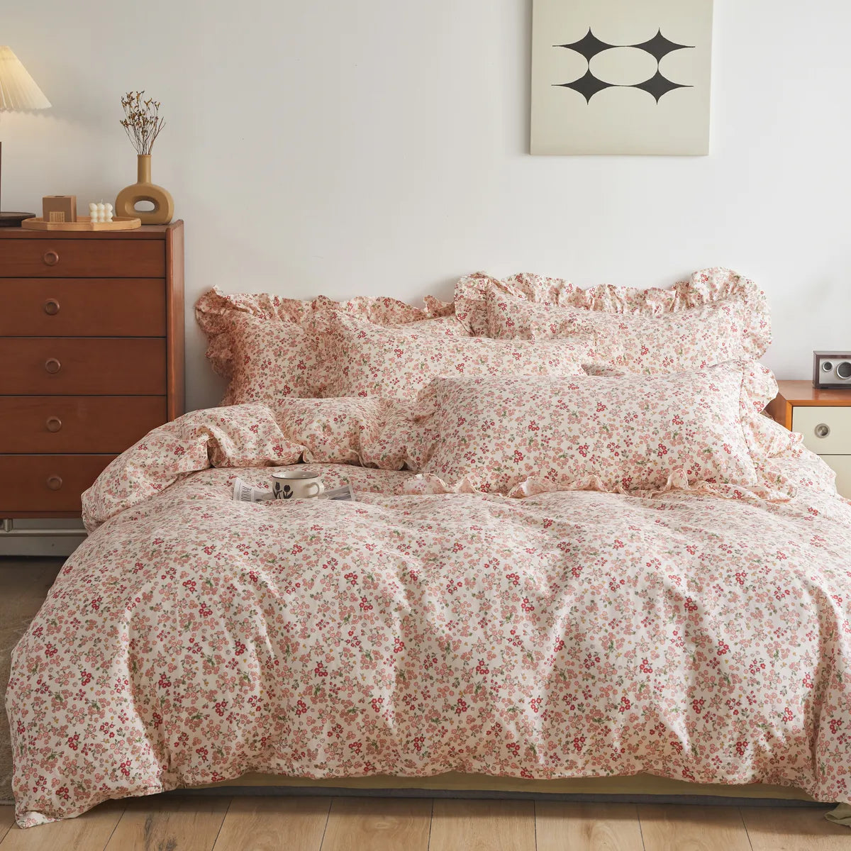 Cute Pink Floral Cotton Duvet Cover Set