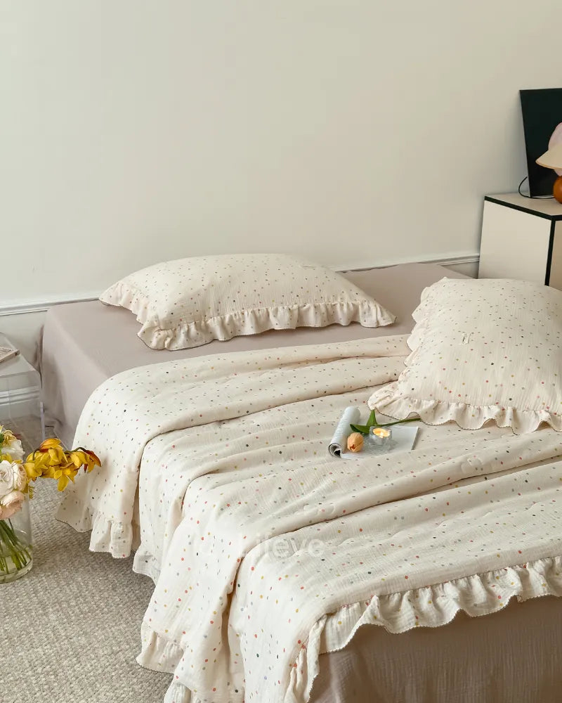 Rainbow Dots Soft and Cute 100% Cotton Muslin Ruffled Quilt Baby Quilt