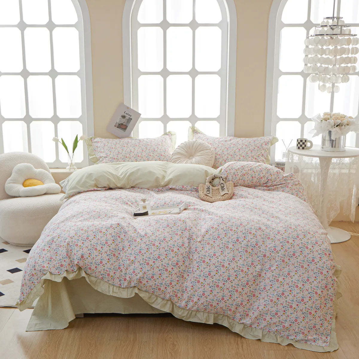 Floral Yellow Ruffled Duvet Cover Set