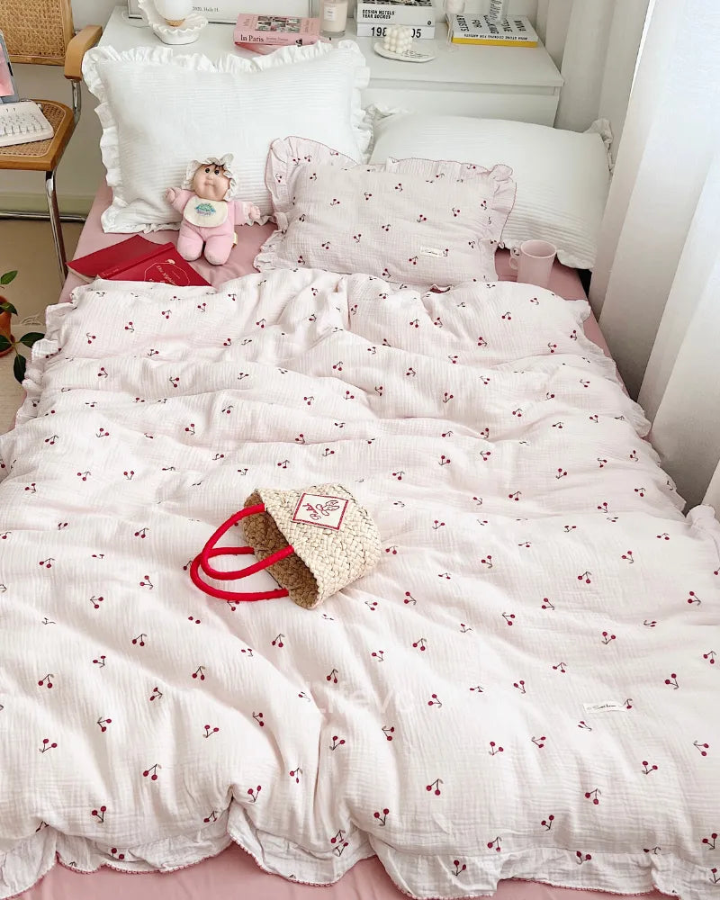 Sweet Cherry Lightweight 100% Cotton Muslin Ruffled Baby Duvet Cover