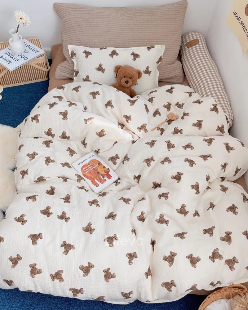 Teddy Dreams Zippered Ruffled 100% Cotton Muslin Baby Duvet Cover