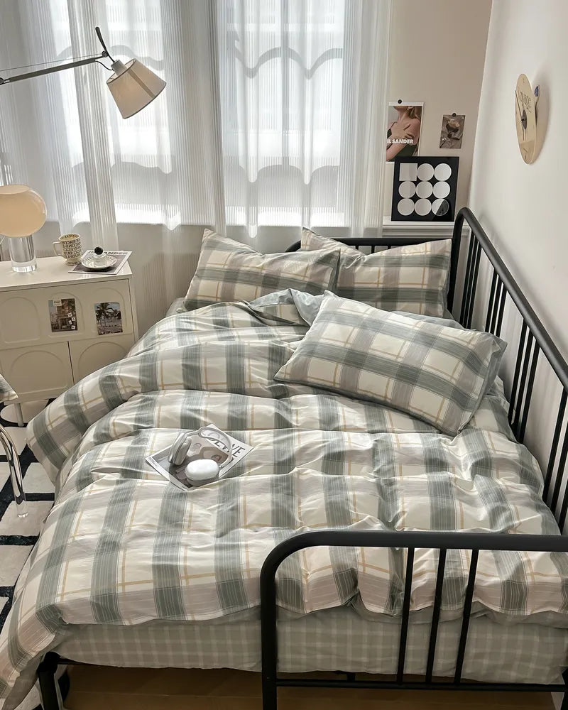 Tranquil Weave Breathable 100% Cotton Green Grid Duvet Cover Set