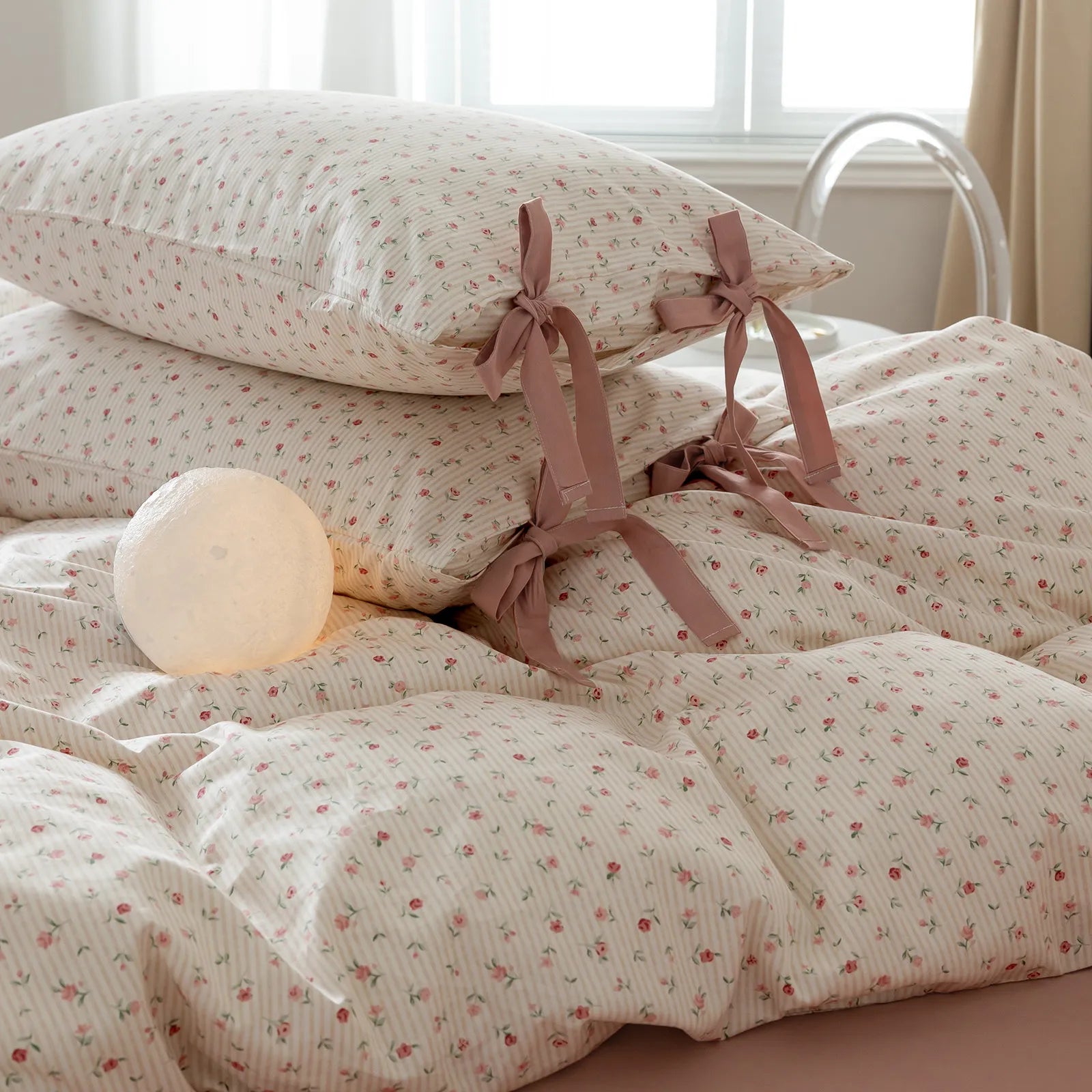 Delicate Blossom Fresh Floral 100% Cotton Bow Tie Duvet Cover Set