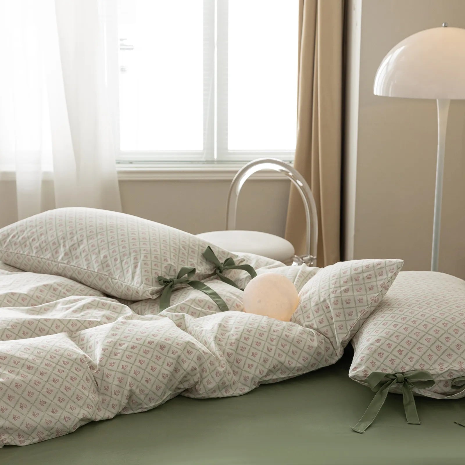 Pastel Geo Floral Soft 100% Cotton Bow Tie Duvet Cover Set