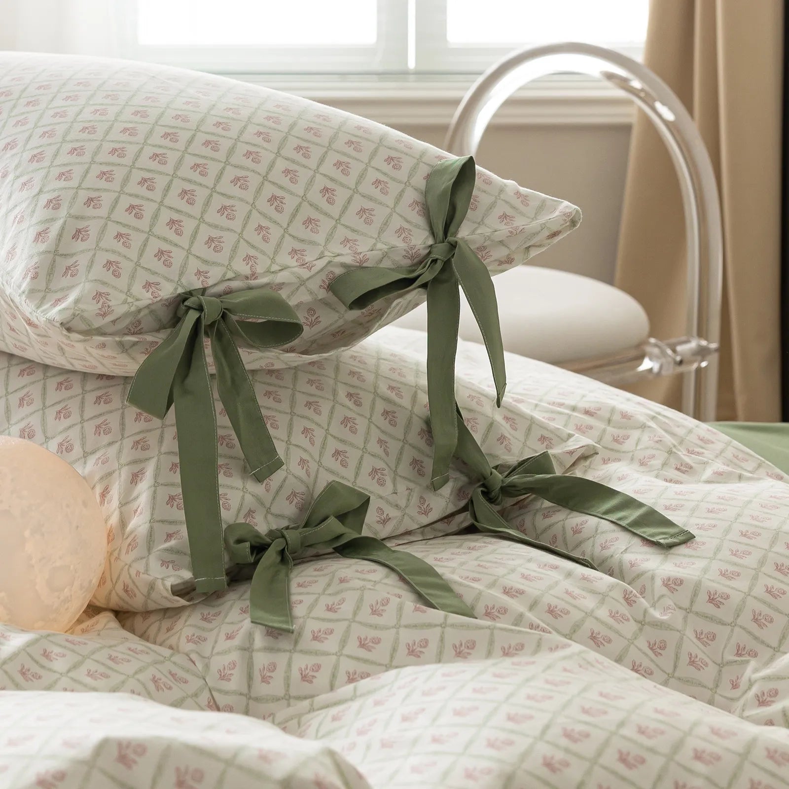 Pastel Geo Floral Soft 100% Cotton Bow Tie Duvet Cover Set