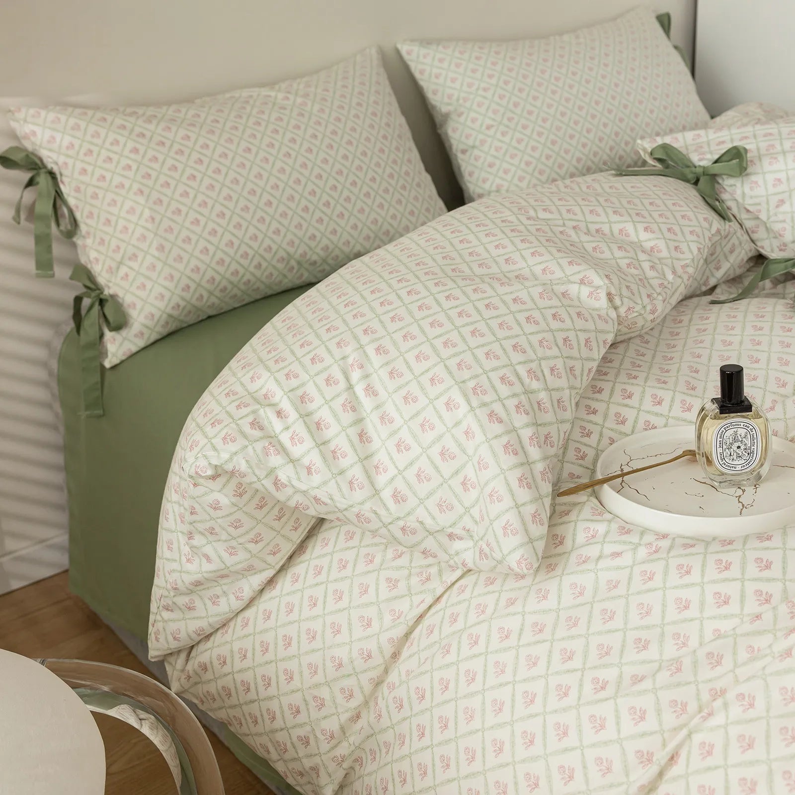 Pastel Geo Floral Soft 100% Cotton Bow Tie Duvet Cover Set