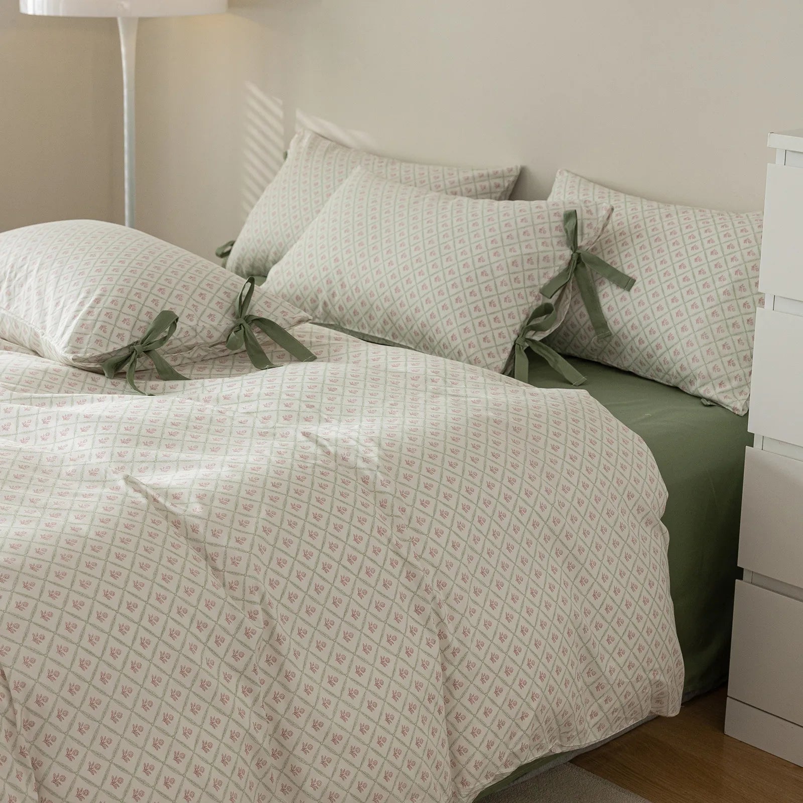 Pastel Geo Floral Soft 100% Cotton Bow Tie Duvet Cover Set