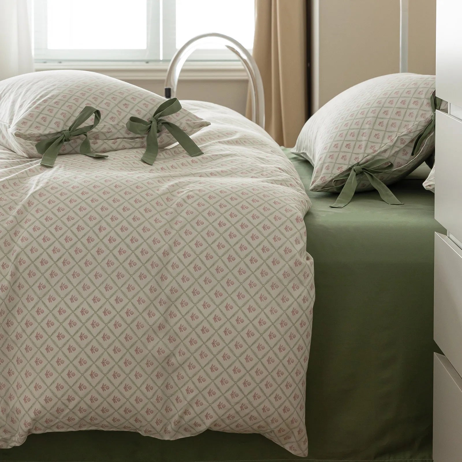 Pastel Geo Floral Soft 100% Cotton Bow Tie Duvet Cover Set
