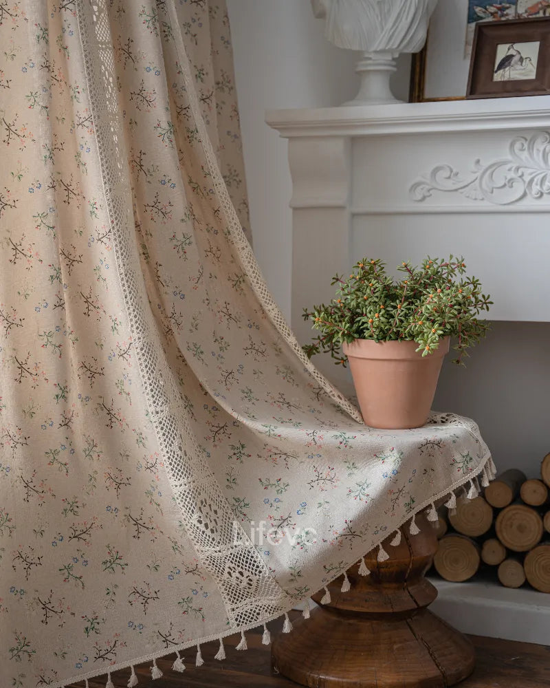 Charming Lace Cutout Faux Linen Texture Floral Sheer Curtains