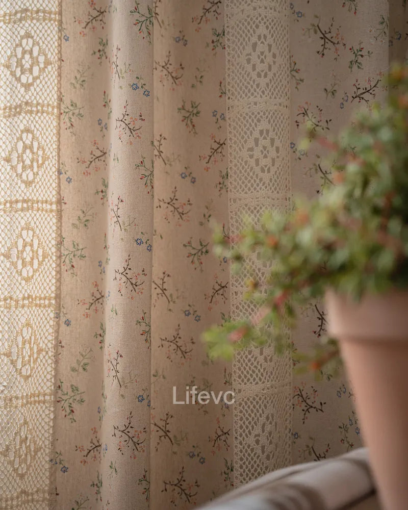 Charming Lace Cutout Faux Linen Texture Floral Sheer Curtains