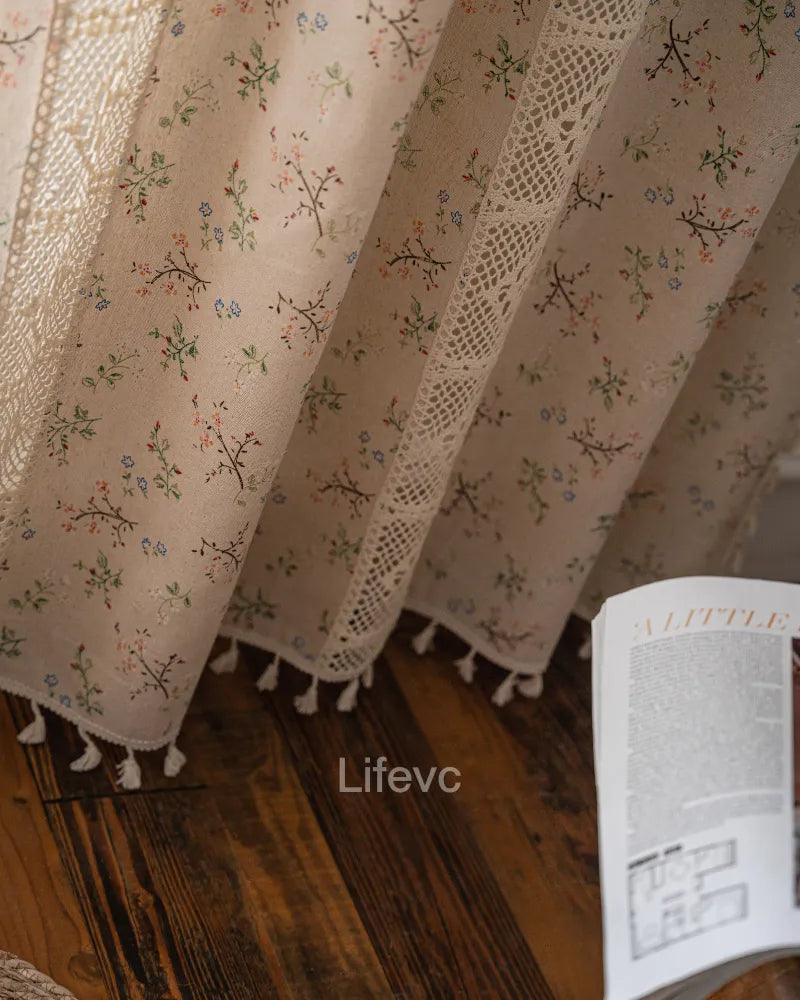 Charming Lace Cutout Faux Linen Texture Floral Sheer Curtains