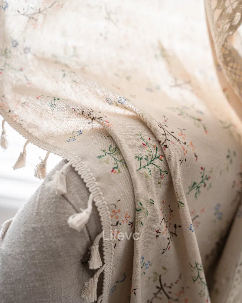 Charming Lace Cutout Faux Linen Texture Floral Sheer Curtains