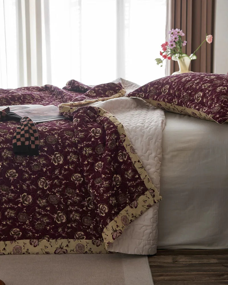 Crimson Elegance Durable Double Layered Cotton Floral Quilt Set