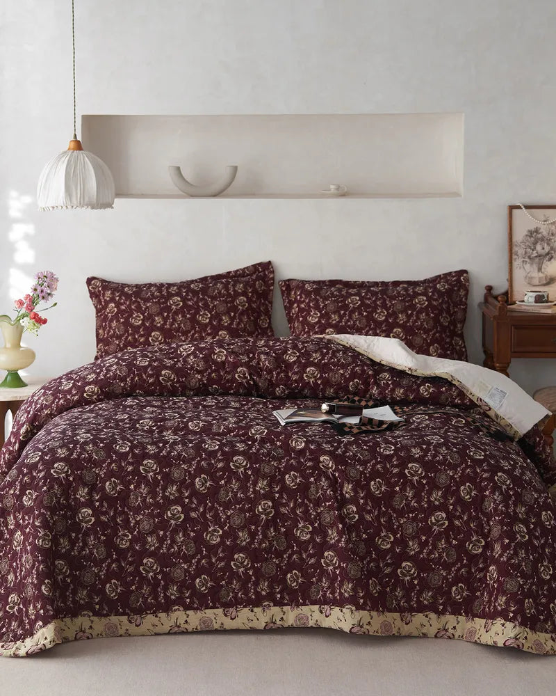 Crimson Elegance Durable Double Layered Cotton Floral Quilt Set