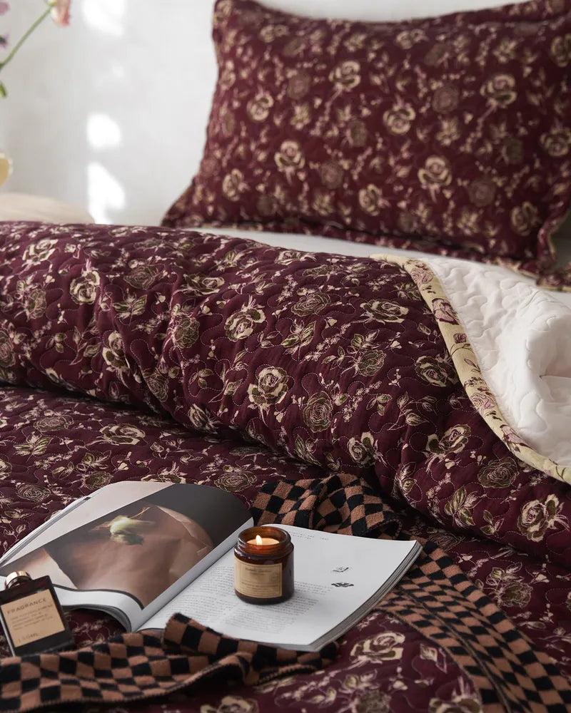Crimson Elegance Durable Double Layered Cotton Floral Quilt Set