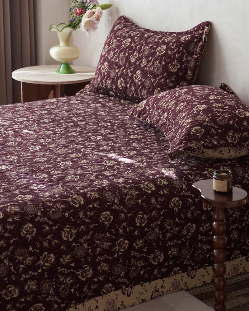 Crimson Elegance Durable Double Layered Cotton Floral Quilt Set