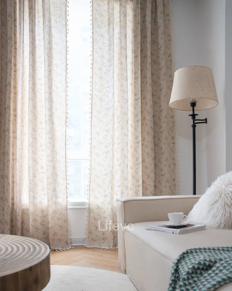Field Petals Boho Faux Linen Texture Floral Sheer Curtains