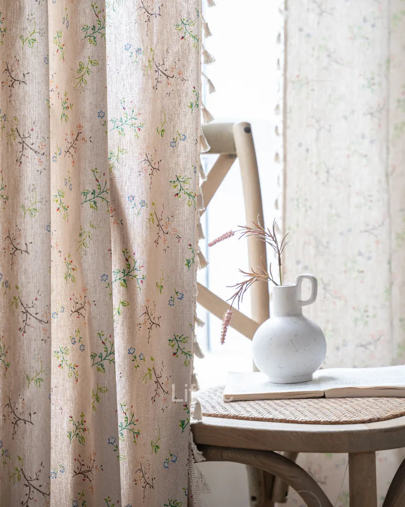 Field Petals Boho Faux Linen Texture Floral Sheer Curtains