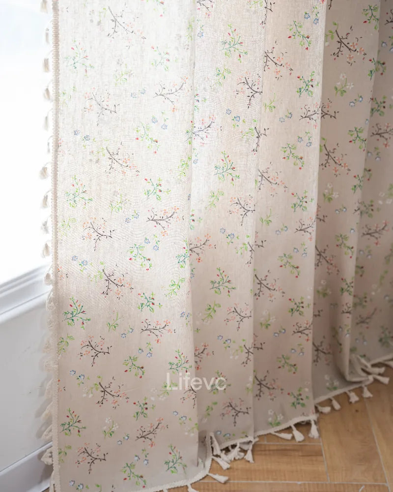 Field Petals Boho Faux Linen Texture Floral Sheer Curtains