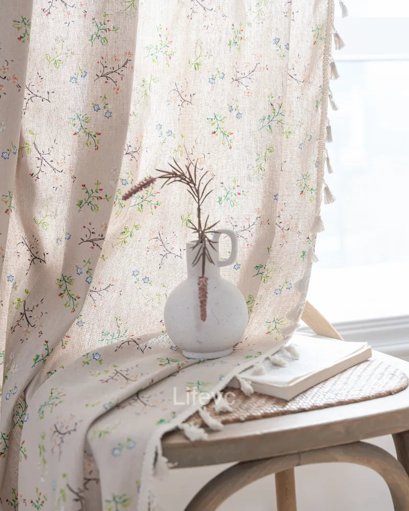Field Petals Boho Faux Linen Texture Floral Sheer Curtains