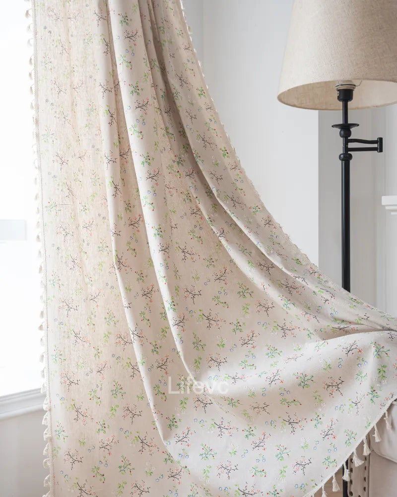 Field Petals Boho Faux Linen Texture Floral Sheer Curtains