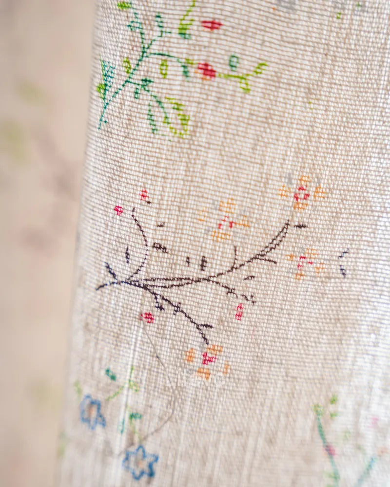 Field Petals Boho Faux Linen Texture Floral Sheer Curtains