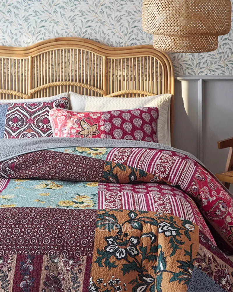 Floral Stripes Garden Style Dark Red Quilt Set