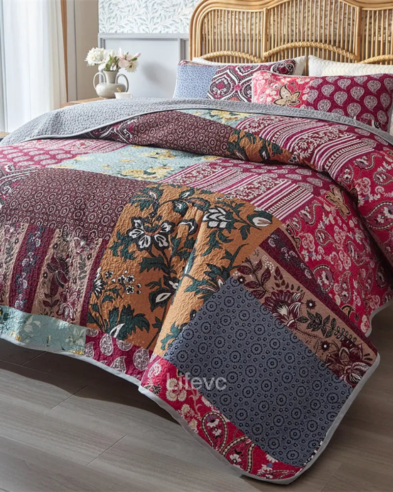Floral Stripes Garden Style Dark Red Quilt Set