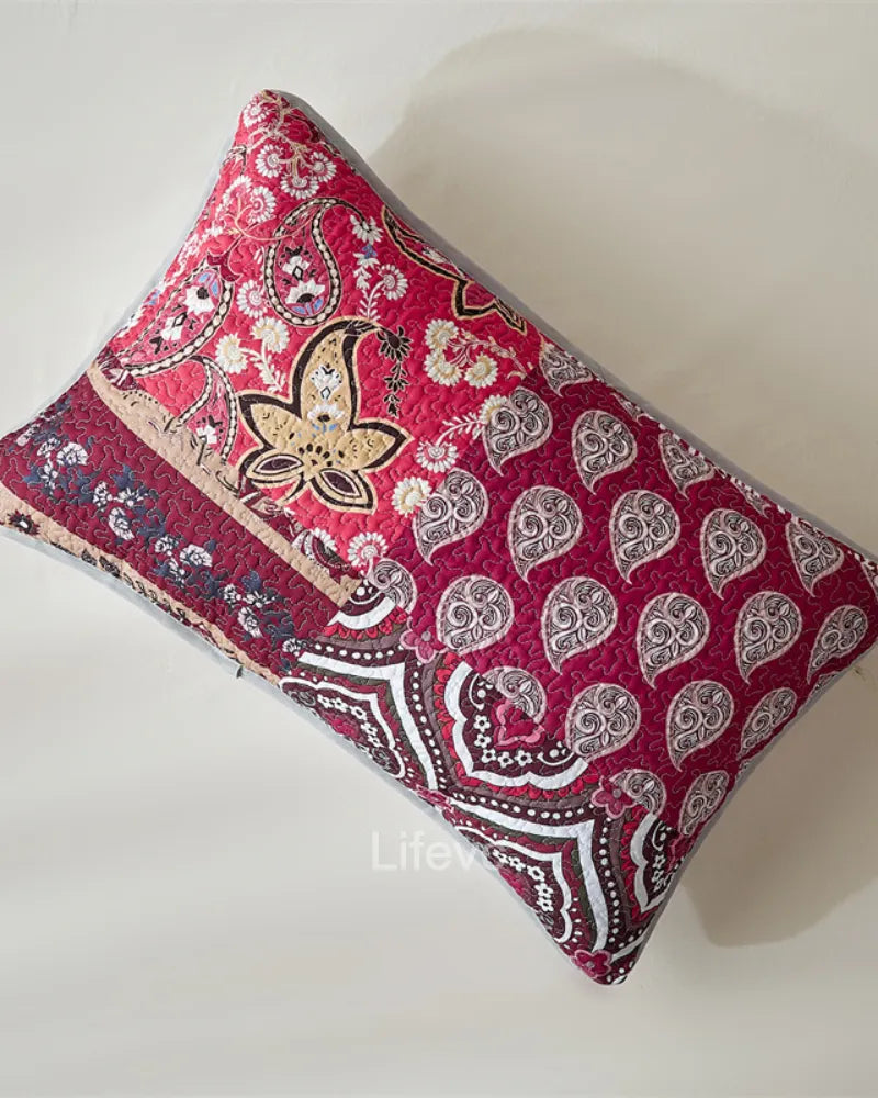 Floral Stripes Garden Style Dark Red Quilt Set