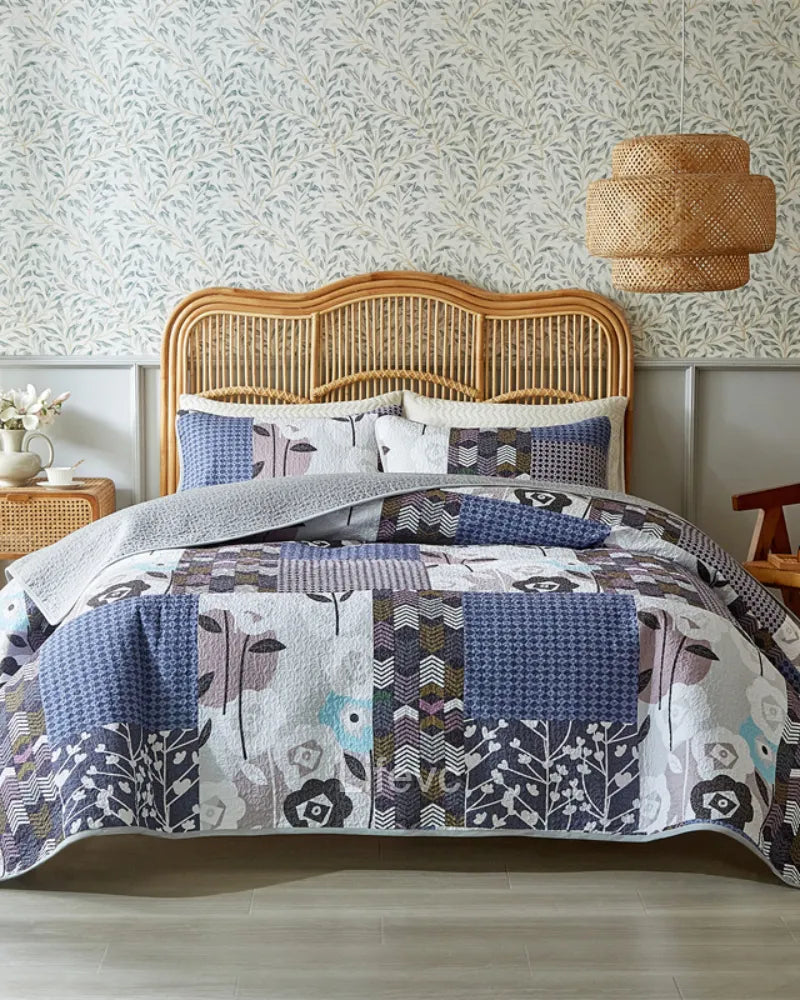 Floral Stripes Garden Style Navy Blue Quilt Set
